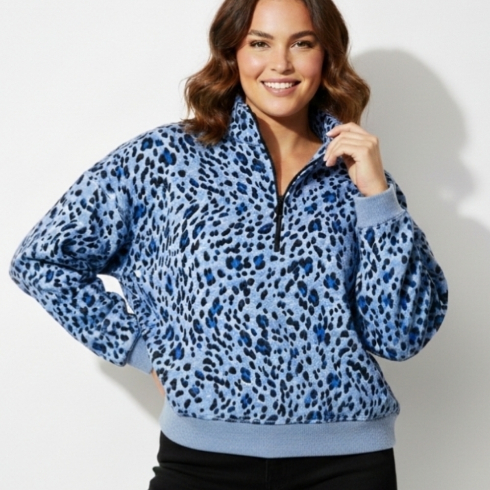 Talbots Quarter Zip Sweater Large Cheetah Print Leopard Print Cotton Blend Blue